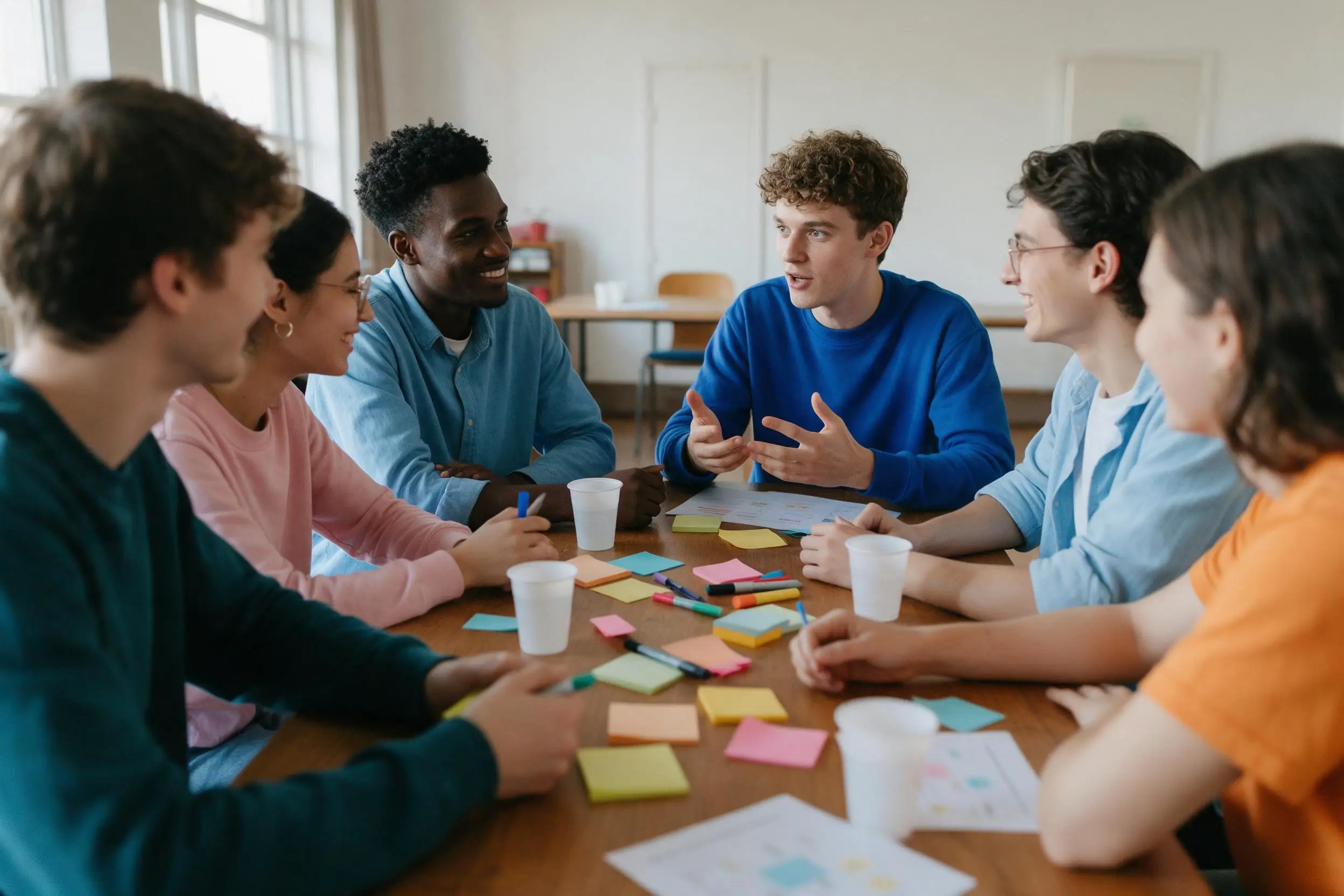 Jóvenes alrededor de una mesa con notas adhesivas, platicando durante un taller.