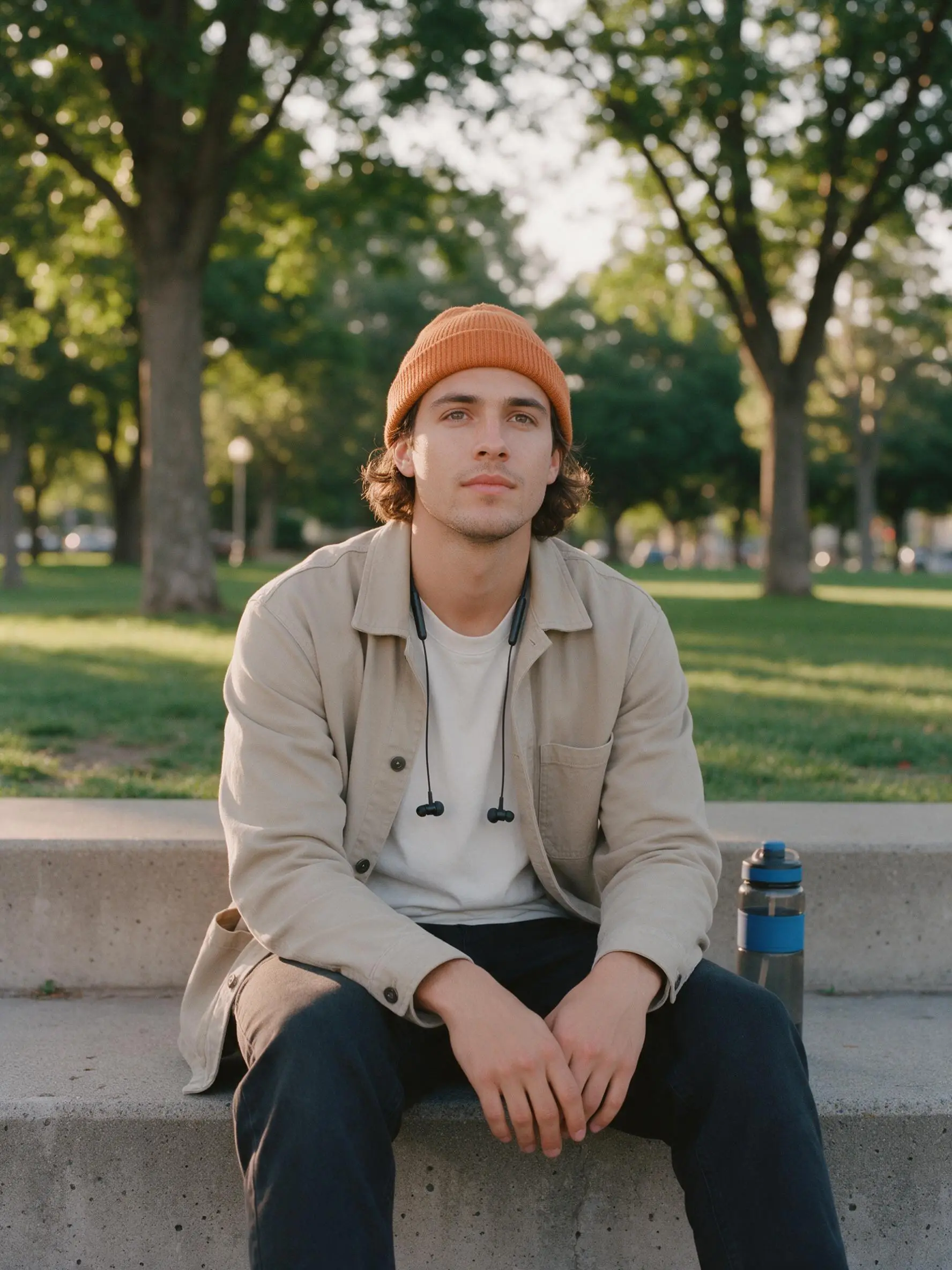 Un joven con gorro naranja sentado en unos escalones junto a un parque al atardecer.