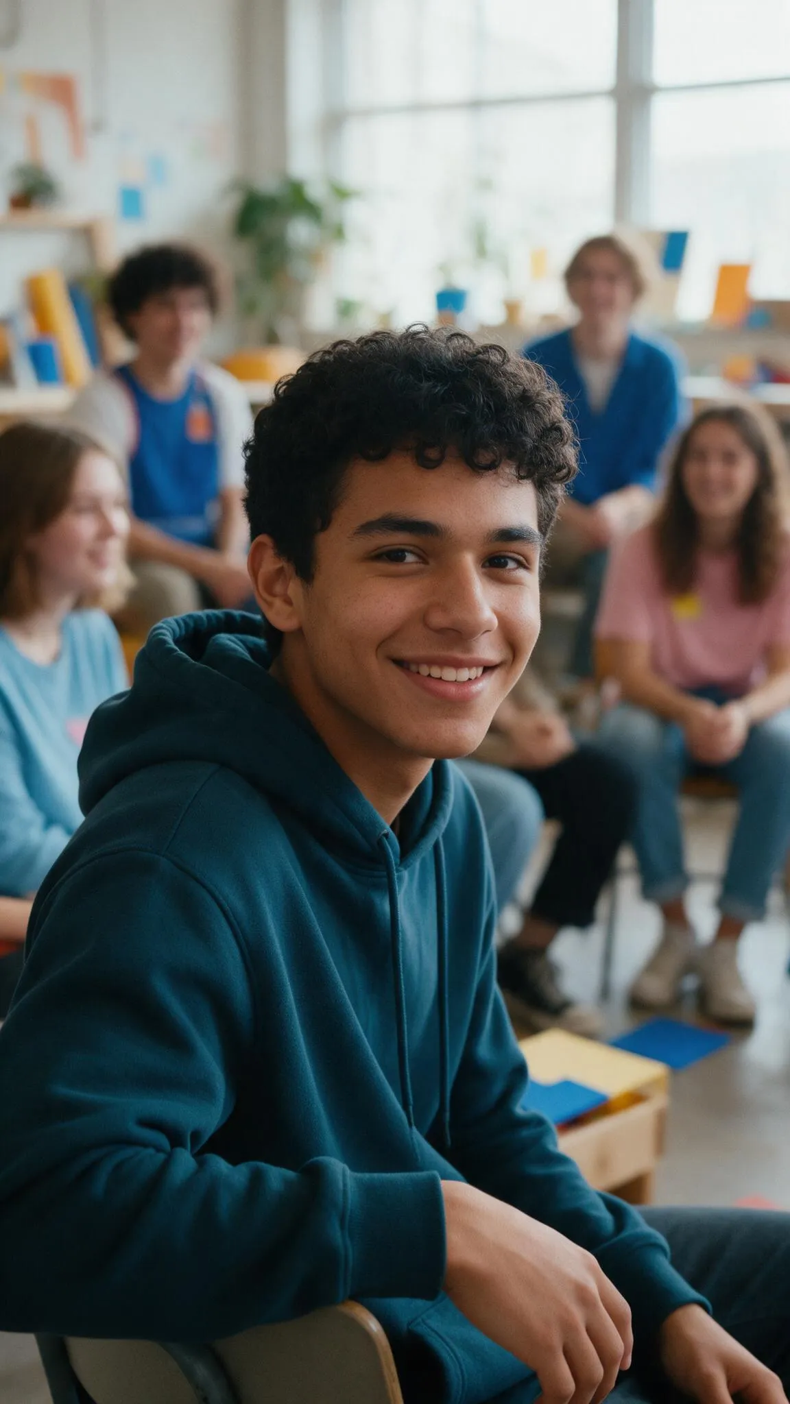 Un joven con sudadera verde azulado sonriendo, sentado en un círculo de plática.