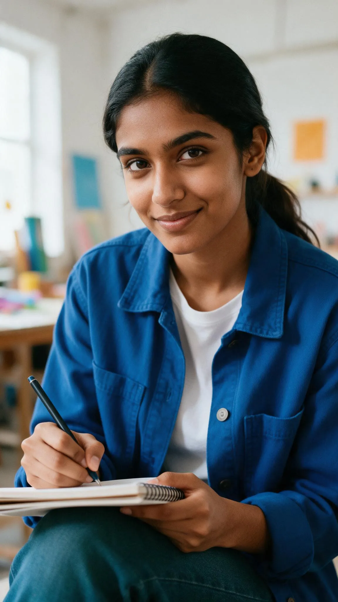 Una joven con chamarra azul escribiendo en un cuaderno y sonriendo.