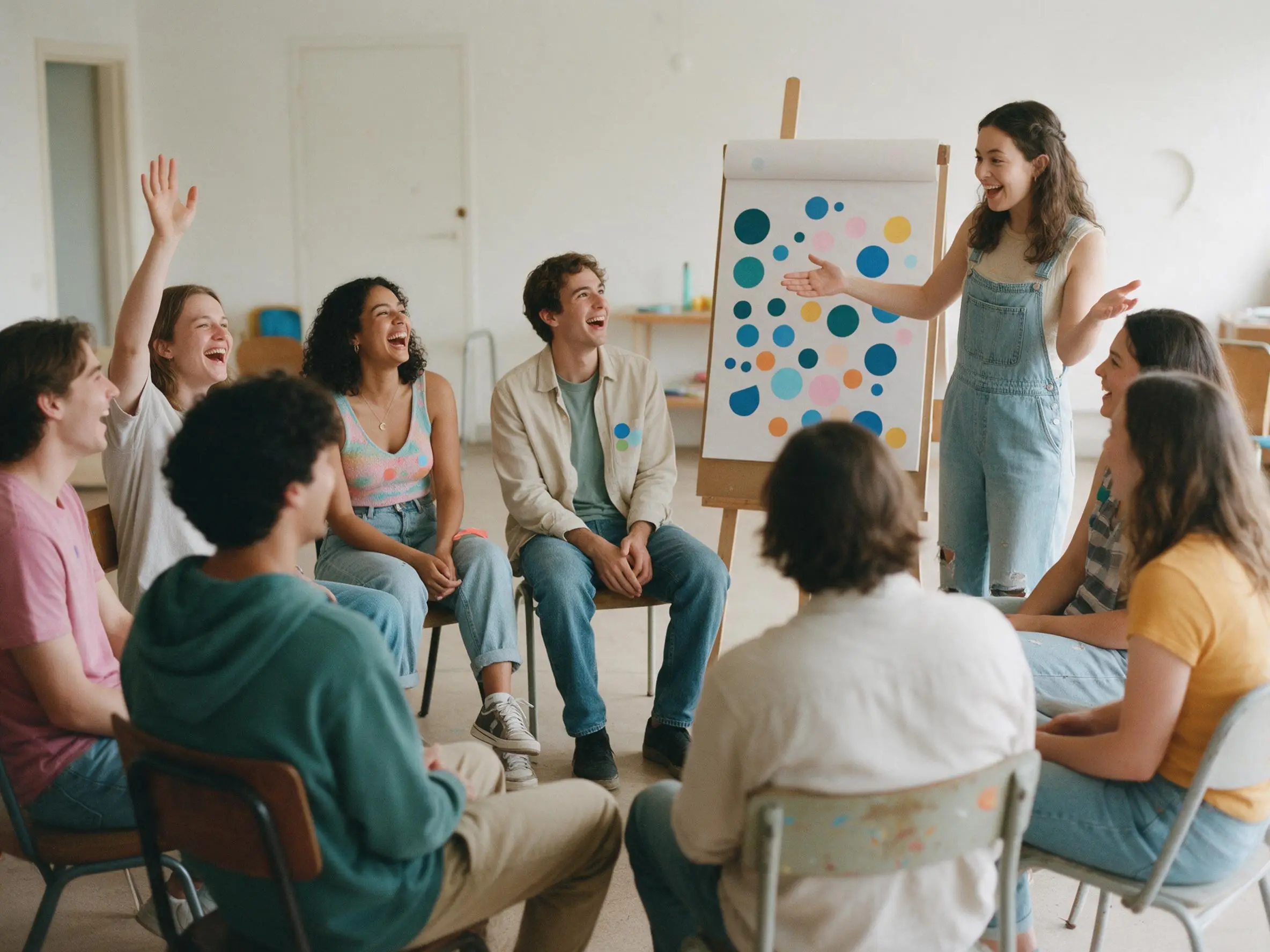 Un grupo de jóvenes riendo en un círculo de taller mientras una facilitadora dirige.