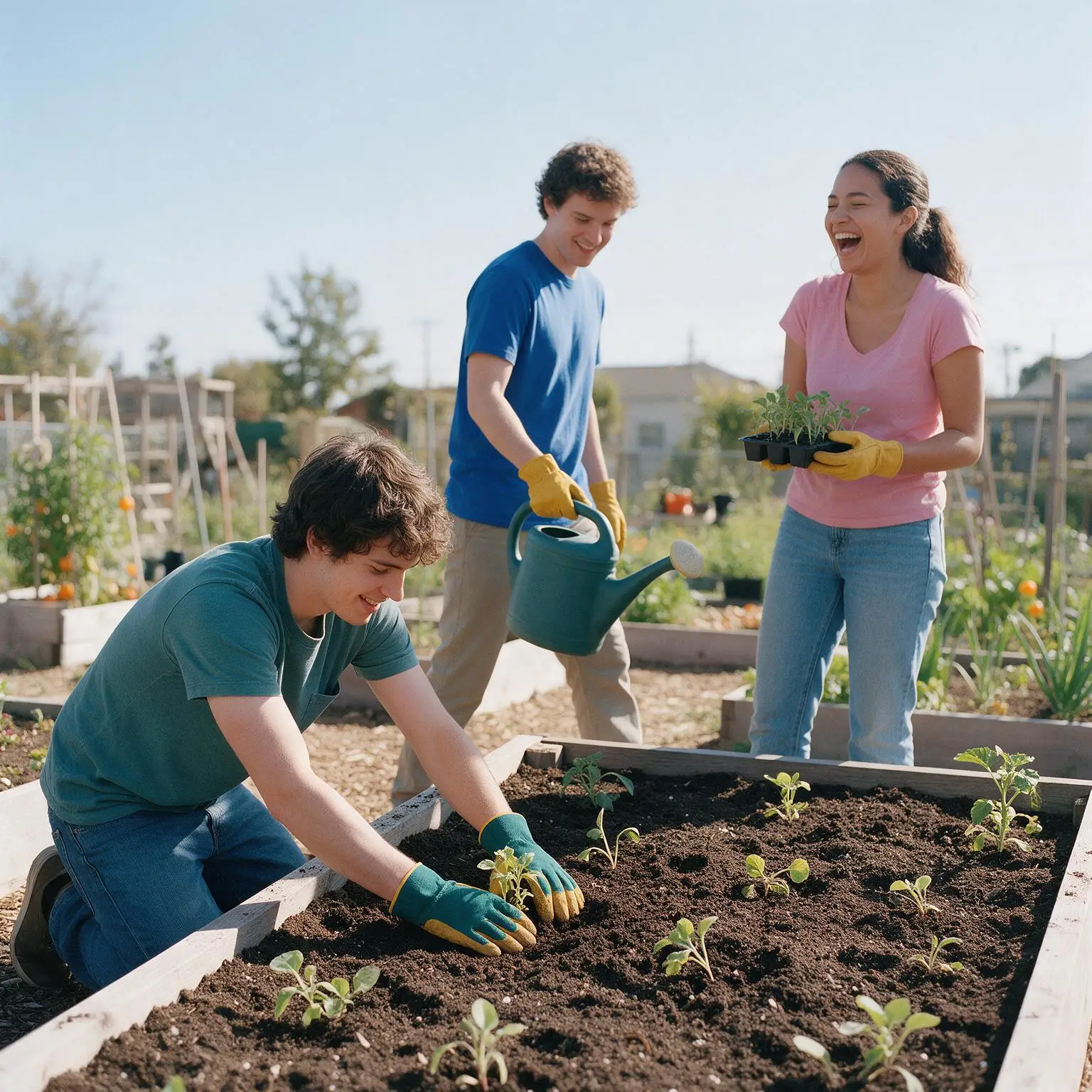 Tres jóvenes plantando juntos en un huerto comunitario.
