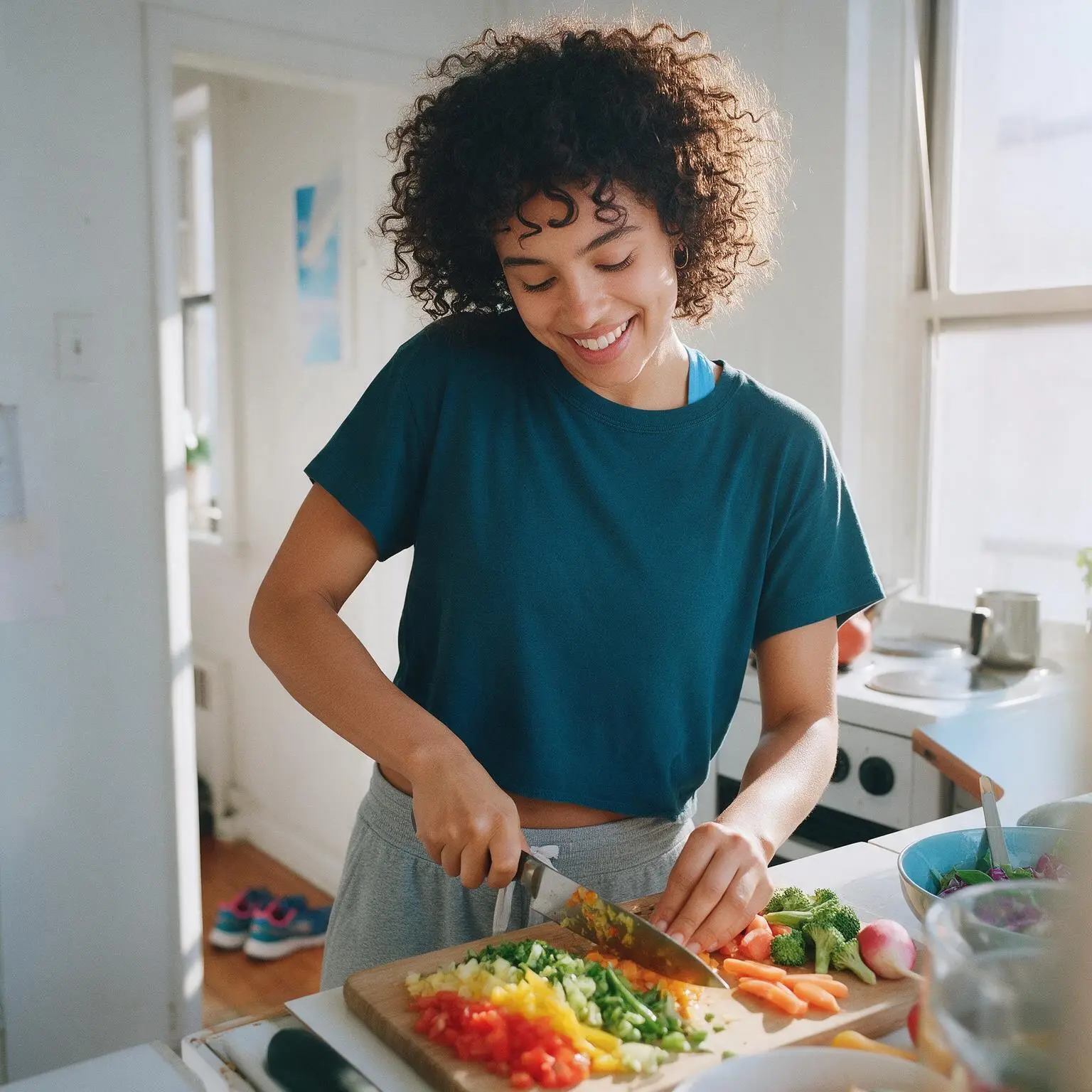 Una joven picando verduras de colores en una cocina soleada.