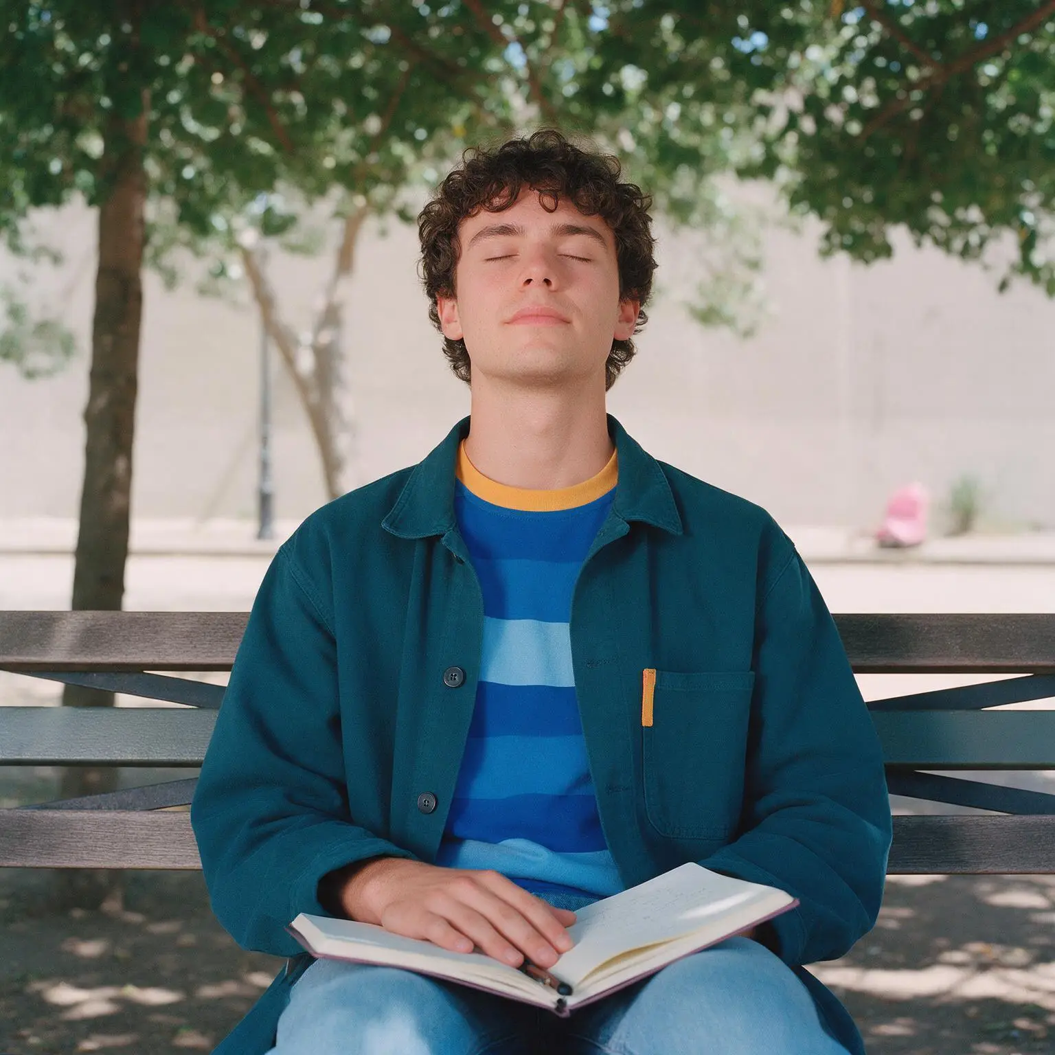 Un joven en una banca del parque con los ojos cerrados, respirando despacio, con un diario en las piernas.
