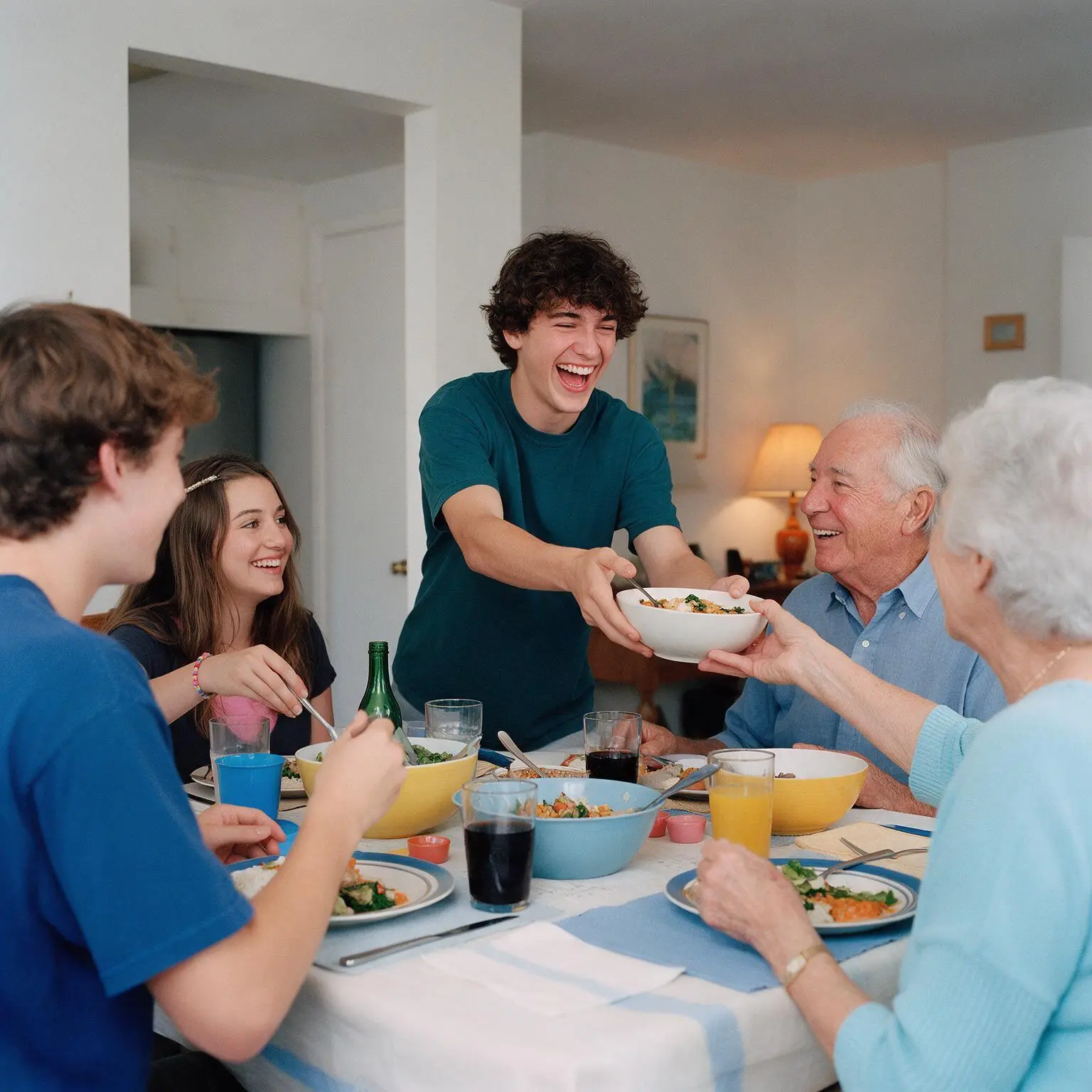 Un joven riendo mientras les pasa un plato de comida a sus abuelos en una comida familiar.