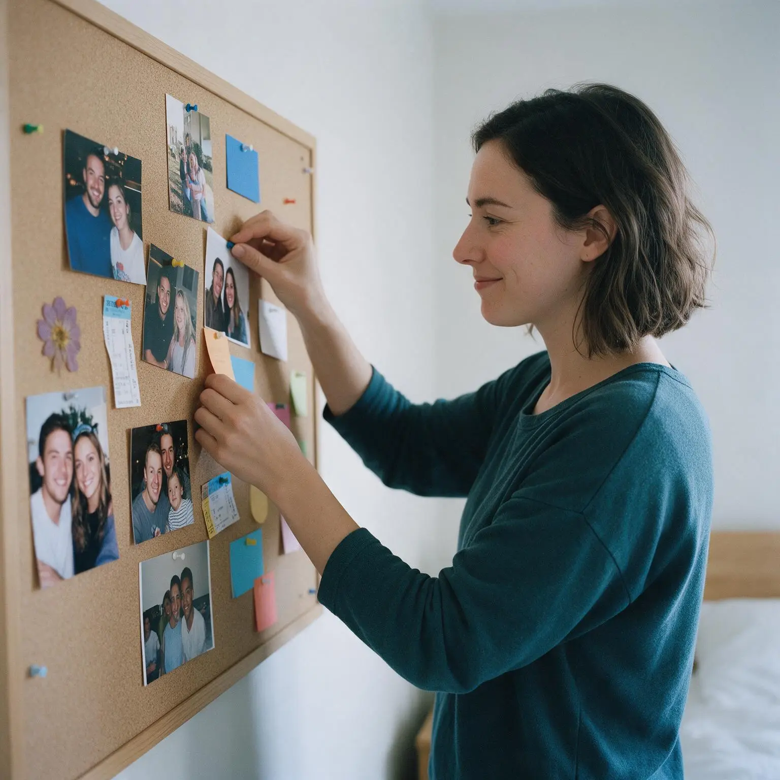 Una joven colocando una tarjeta en un tablero de corcho con fotos de amistades y familia.