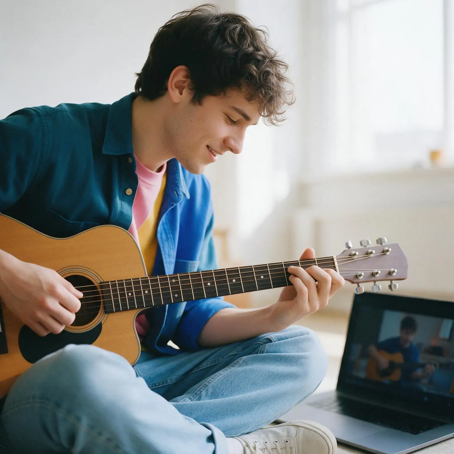Un joven aprendiendo a tocar la guitarra con una clase en video en su computadora.