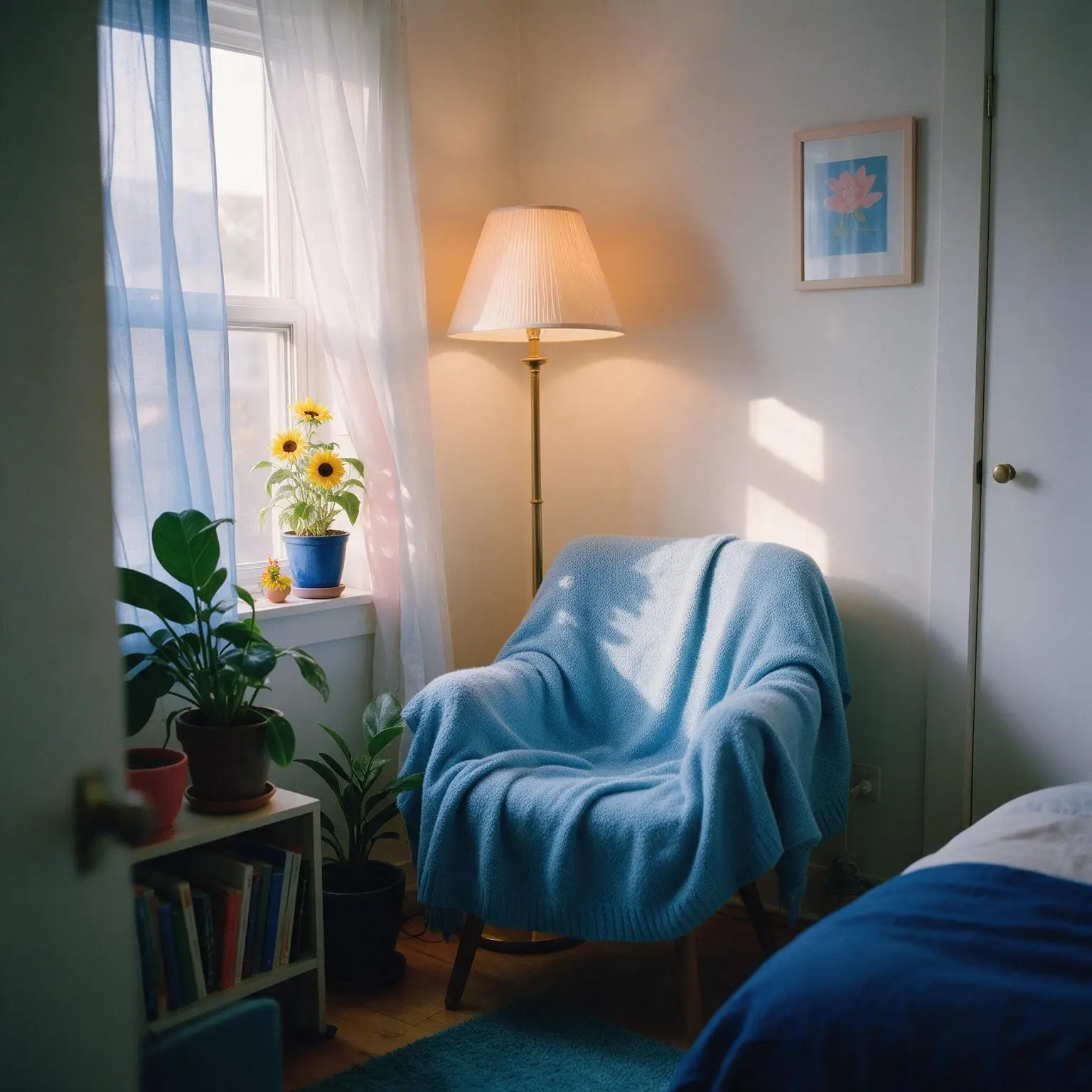 Un rincón de recámara acogedor y ordenado, con un sillón para leer, plantas y una lámpara cálida.